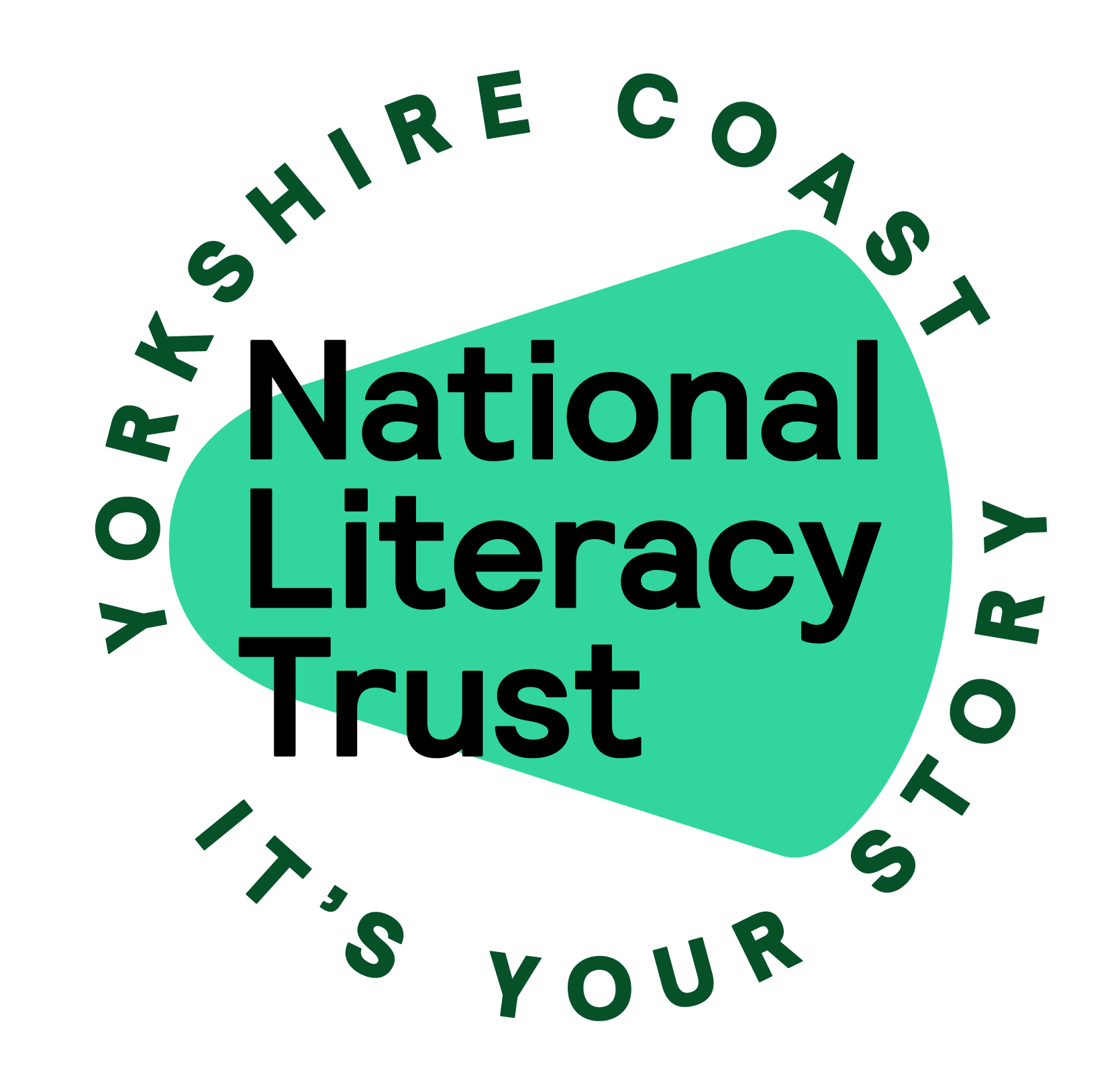 National Literacy Trust on the Yorkshire Coast logo. Green shape, with black text overlayed and words in a surrounding roundel reading: Yorkshire Coast It's Your Story