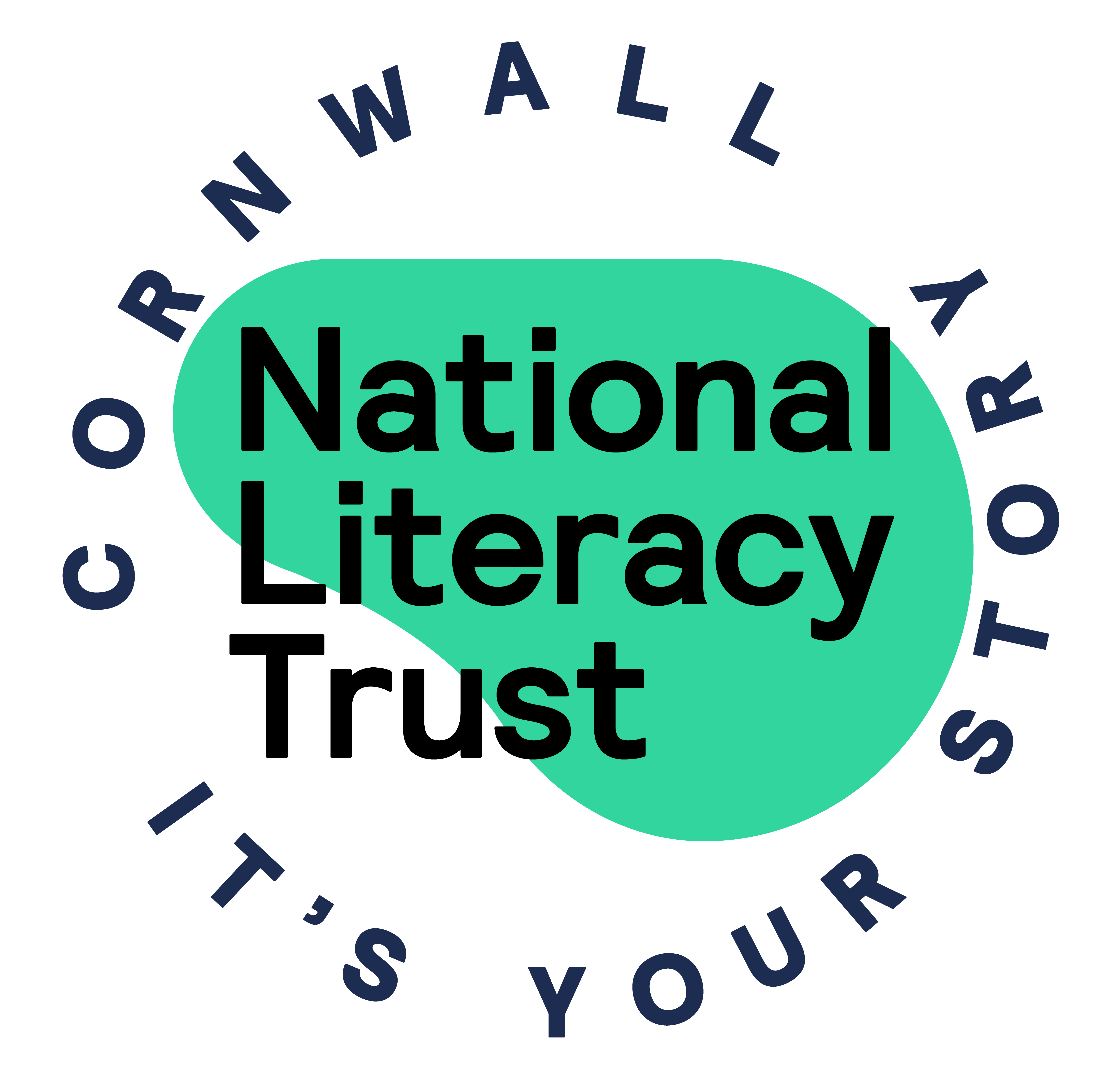 National Literacy Trust in Cornwall logo. Green ear shape, with black text overlayed and words in a surrounding roundel reading: Cornwall It's Your Story